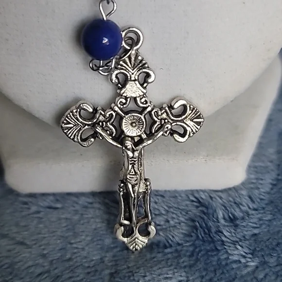 Elegant Rosary Beads White Ceramic & Blue Glass Beaded Necklace 20" - Picture 5 of 5